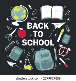 Big set of school elements - globe, paper clips, backpack, paper planes, pens, books, notebooks. Lettering Back to school. Baby vector illustration.