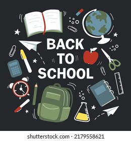 Big set of school elements. Lettering Back to school. Baby vector illustration.