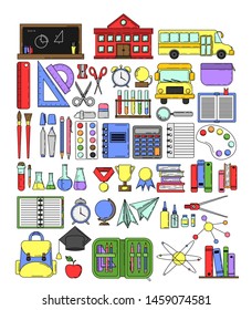 Big set of school equipment in cartoon style. Vector objects for design and web