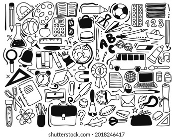 Grosses Set mit handgezeichneten Doodle-Artikeln in grafischem Stil. Designelemente. Studienmaterial. Schwarz-Weiß-Vektorgrafik. 