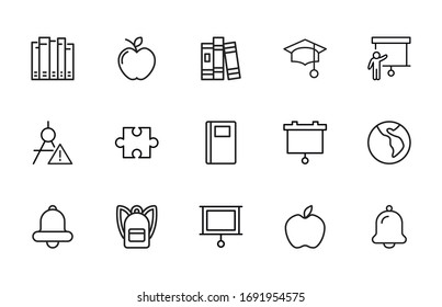 Große Anzahl von Symbolen für Schullinien. Vektorillustration einzeln auf weißem Hintergrund. Symbole in Premium-Qualität. Schlagt Vektorsymbole für Concept- oder Web-Grafiken. Einfache Dünnzeilenzeichen. 