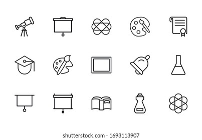 Gran conjunto de iconos de línea escolar. Ilustración vectorial aislada en un fondo blanco. Símbolos de calidad superior. Iconos vectoriales de trazo para conceptos o gráficos web. Sencillas señales de línea delgada. 