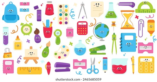 Big set with school stationery characters for kids. School supplies with smiling faces