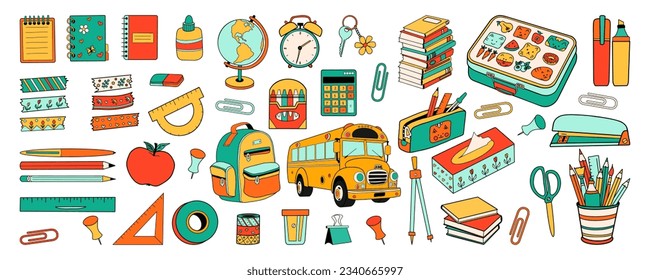 Big set of school stationery supplies. Back to school education cartoon collection in doodle retro style. Bold bright bag, bus, book, globe. Vector illustration isolated on white background.