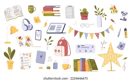 Big set of school supplies. Aesthetics of study. Educational clipart collection. Home cozy items for creating an interior.  Flat vector illustration isolated on white background