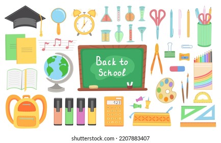 Big set of school supplies. Back to school lettering. Vector Illustration for backgrounds, covers and packaging. Image can be used for greeting card, poster and sticker. Isolated on white background.