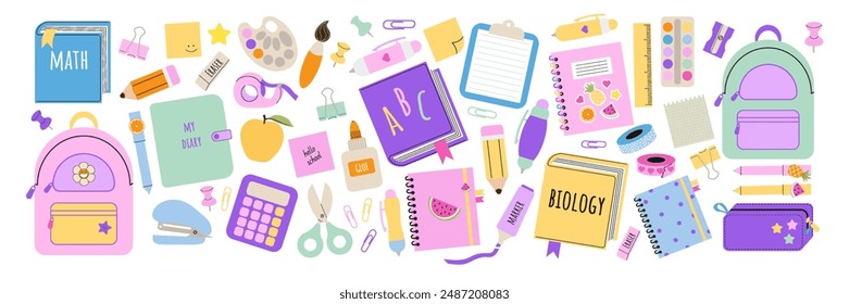 Big set of school supplies. Back to school. Backpack, books, pen, pencil, ruler, pencil box, paints. Suitable for prints, cards, scrapbooking, paper crafts. Vector illustration in a flat style.