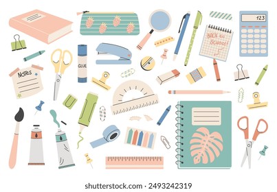 Big set of school supplies. Back to school lettering. Cute office supplies hand drawn. Knowledge for all. Vector illustration in a flat style on a white background. School stickers.