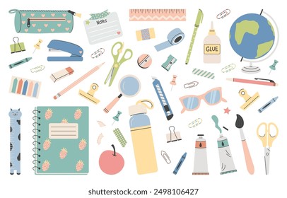 Big set of school supplies. Back to school stickers. Cute office supplies hand drawn. Knowledge for all. Vector illustration in a flat style.