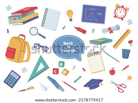 Big set of school supplies. Back to school stationary.  Children's subjects. Vector illustration. School stuff vector set. Supplies for office and education. Equipment for teachers and children. 
