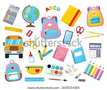 Big set of school supplies. Back to school. School bus, notebooks, books, set of colored pencils, backpack, paints, globe, stationery. Vector illustration in flat style.