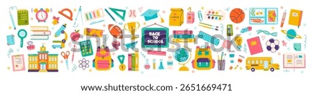 Big set of school supplies. Back to school. Childrens cute stationery subjects. Vector flat illustration in hand drawn style