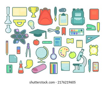 big set of school supplies, backpack, color isolated illustration, vector
