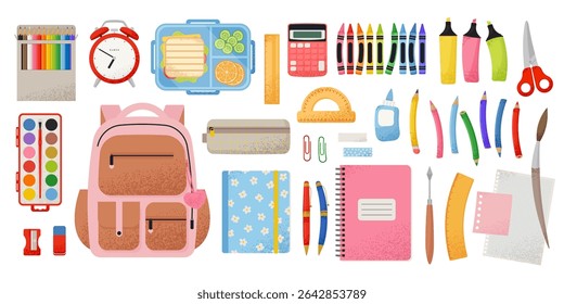 A big set of school supplies. Back-to-school concept. Vector illustration in trendy flat style with texture