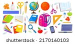 Big set of school supplies. Books, sticky notes, pens, pencils, coloring brushes, scissors, a backpack, a smartphone, a globe, a laptop, stuff children need in school. Isolated on white background.