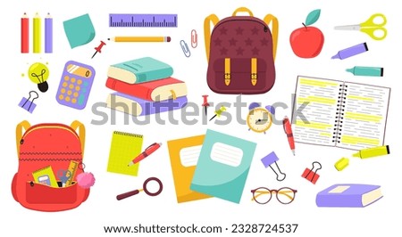 Big Set of School Supplies. Children's subjects Back to school. Vector illustration in a cartoon style 