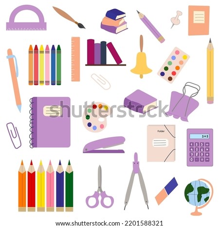 Big set of school supplies cute stationery set, back to school. Vector stationery in flat style.
