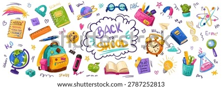 Big set of school supplies in doodle crayon scribble style. Back to school colorful vector illustration isolated on a white background