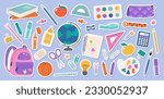 Big set of school supplies and education stickers. Back to school. Backpack, books, globe, pencil box, paints, ruler, pen, pencil. Suitable for prints, cards, paper crafts, scrapbooking.