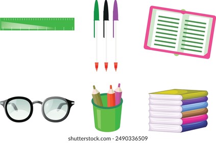 Big set of school supplies and education stickers. Back to school. Backpack, books, globe, pencil box, paints, ruler, pen, pencil. Suitable for prints, cards, paper crafts, scrapbooking.