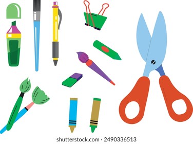 Big set of school supplies and education stickers. Back to school. Backpack, books, globe, pencil box, paints, ruler, pen, pencil. Suitable for prints, cards, paper crafts, scrapbooking.