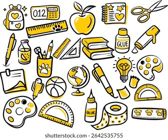 Big set of school supplies and education stickers. Back to school. Backpack, books, globe, pencil box, paints, ruler, pen, pencil. Suitable for prints, cards, paper crafts, scrapbooking