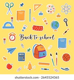 Big set of school supplies and education stickers. Back to school. Backpack, books, globe, pencil box, paints, ruler, pen, pencil. Suitable for prints, cards, paper crafts, scrapbooking.