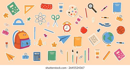 Big set of school supplies and education stickers. Back to school. Backpack, books, globe, pencil box, paints, ruler, pen, pencil. Suitable for prints, cards, paper crafts, scrapbooking.