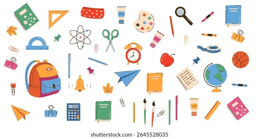 Big set of school supplies and education . Back to school. Backpack, books, globe, pencil box, paints, ruler, pen, pencil. Suitable for prints, cards, paper crafts, scrapbooking.