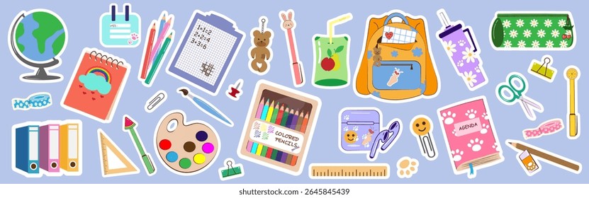 Big set of school supplies and education stickers BACK TO SCHOOL with colorful cartoon-style stationery, supplies, backpacks, decorations . Ideal for education promotions, kids, and school campaigns.