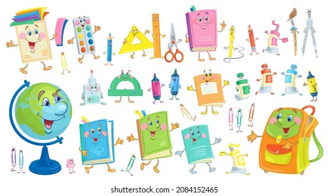 Big set of school supplies. Funny items in cartoon style for children's education. Isolated on white background. Vector illustration