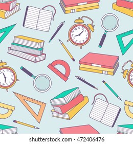 Big set of school supplies hand drawn vector. Background with collection sketch objects. Doodle illustration with stationery. Colorful seamless pattern