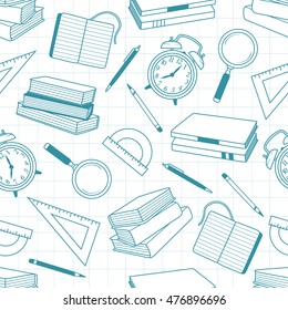 Big set of school supplies hand drawn vector. Background with sketch objects collection. Doodle illustration with stationery. Colorful seamless pattern