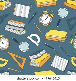 Big set of school supplies hand drawn vector. Background with collection sketch objects. Doodle illustration with stationery. Colorful seamless pattern