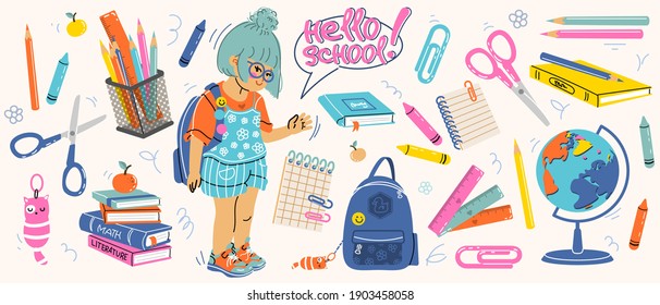 Big set of school supplies. Hello school lettering. Little cute girl is going to study. Children's subjects. Vector illustration in a flat style on a white background. All objects are isolated
