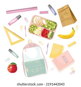 Big set of school supplies. Hello school lettering. Little cute girl is going to study