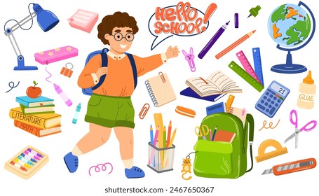 Big set of school supplies. Hello school lettering. Little cute guy is going to study. Children's subjects for study. Vector illustration in a flat style isolated on a white background