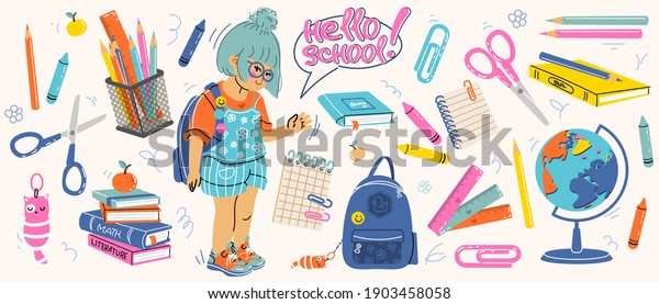 Big Set School Supplies Hello School Stock Vector (Royalty Free ...