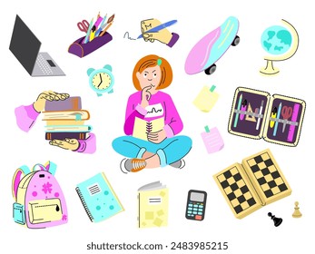 Big set of school supplies and hobbies and outside interests supplies: chess, skateboard in girlish theme. Teenage girl sitting in lotus position thinking about homework. Vector illustration 