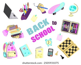 Big set of school supplies and hobbies and outside interests supplies: chess, skateboard in girlish theme. Back to school lettering design. Vector illustration