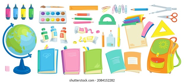 Big set of school supplies. Items for children's education. In cartoon style. Isolated on white background. Vector illustration