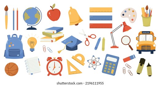 Big set of school supplies and items  isolated on white background. Back to school elements. Education accessories. Vector illustration cartoon flat style