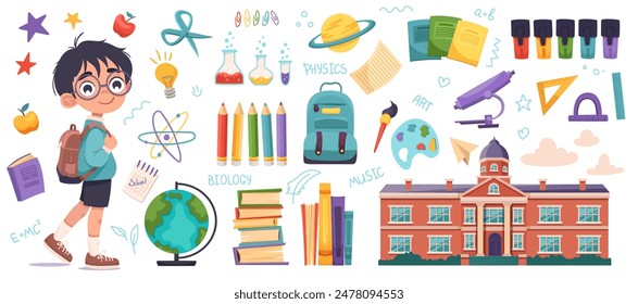 Big set of school supplies and schoolboy in glasses. Welcome back to school vector illustration in a flat cartoon style isolated on a white background.