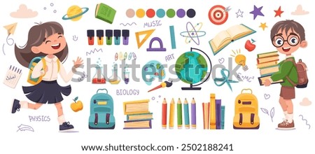 Big set of school supplies and schoolboy in glasses and cute happy girl. Welcome back to school vector illustration in a flat cartoon style isolated on a white background.