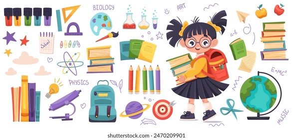 Big set of school supplies and schoolgirl in glasses. Welcome back to school vector illustration in a flat cartoon style isolated on a white background.