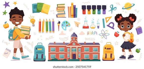 Big set of school supplies and schoolgirl and african american boy. Welcome back to school vector illustration in a flat cartoon style isolated on a white background.