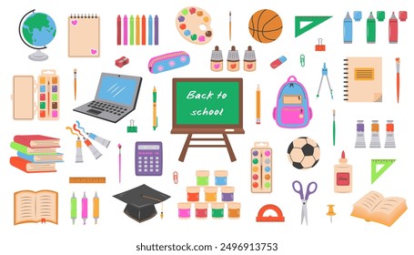 Big set of school supplies and stationery. Cute accessories for study, school, university. Back to school. 