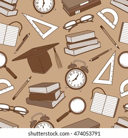 Big set of school supplies and student supplies hand drawn vector. Background with collection sketch objects. Doodle illustration with stationery. Colorful seamless pattern