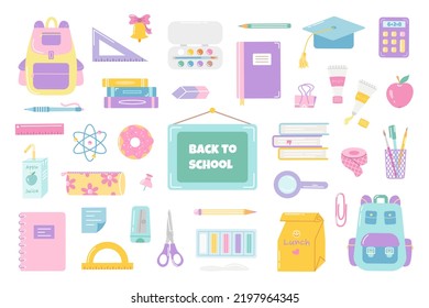 Big set of school supplies for studying. Back to school. Vector flat illustration on white background
