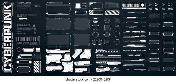 Big set of Sci Fi modern user interface elements. futuristic abstract HUD  frame screen, button, loading, text isolated on black background. GUI elements for game. Data information infographic. Vector - Shutterstock ID 2120043209